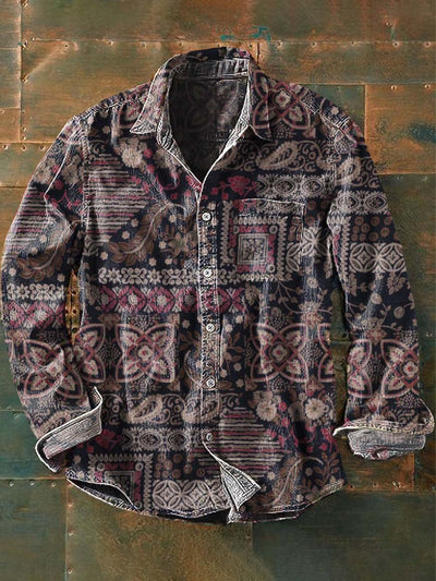 Men's Retro Floral Print Casual Lapel Long Sleeve Shirt