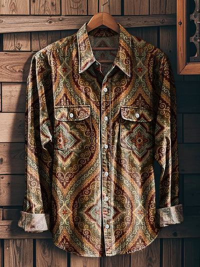 Men's Vintage Ethnic Floral Color Art Print Workwear Pocket Shirt