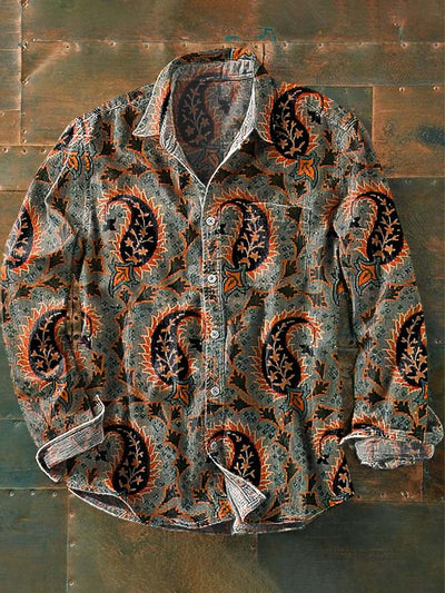 Men's Retro Floral Print Casual Lapel Long Sleeve Shirt