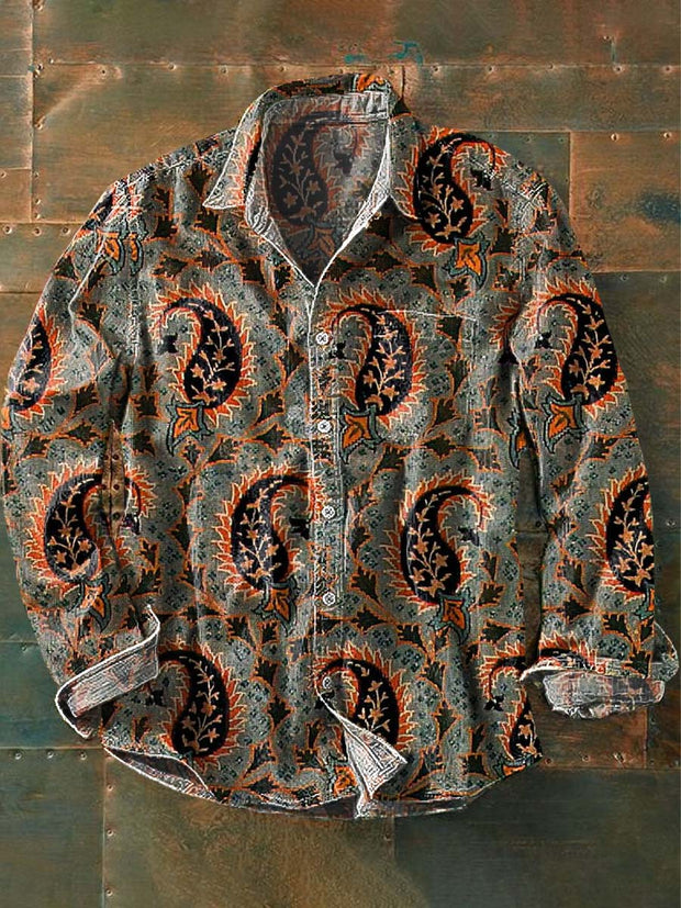 Men's Retro Floral Print Casual Lapel Long Sleeve Shirt