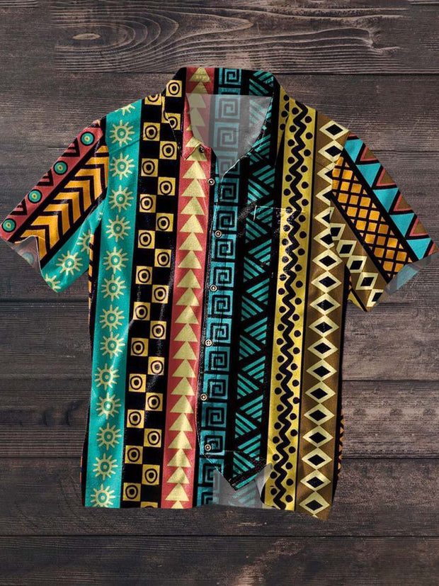 Men's Vintage Western Style Striped Printed Casual Lapel Short Sleeve Shirt