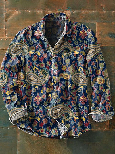 Men's Vintage Cashew Flower Print Casual Lapel Long Sleeve Shirt