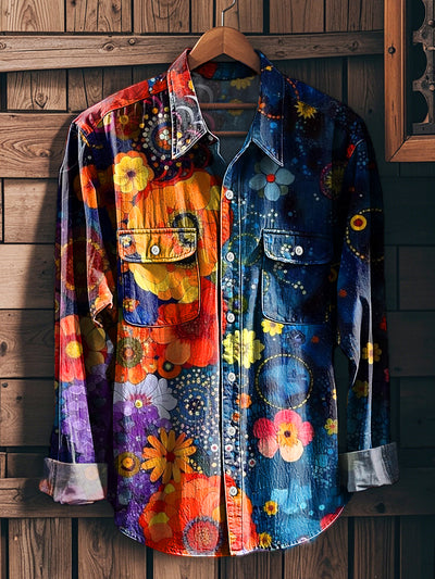 Men's Vintage Floral Color Art Print Workwear Pocket Shirt
