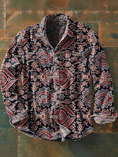 Men's Retro Floral Print Casual Lapel Long Sleeve Shirt