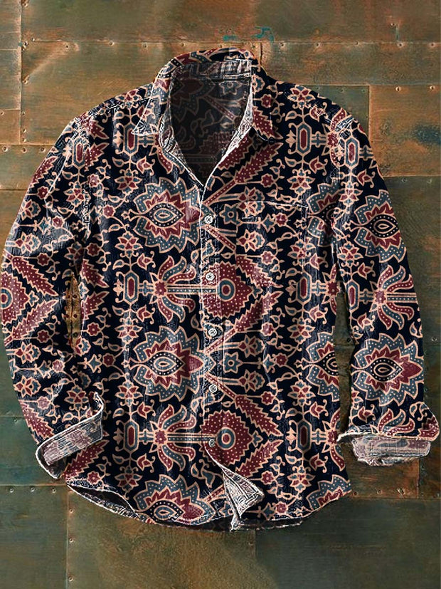 Men's Retro Floral Print Casual Lapel Long Sleeve Shirt