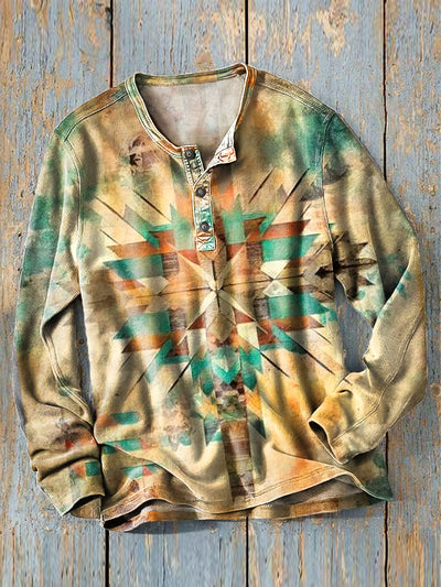Men's Vintage Aged Geometric Art Print Long Sleeve Henley Shirt