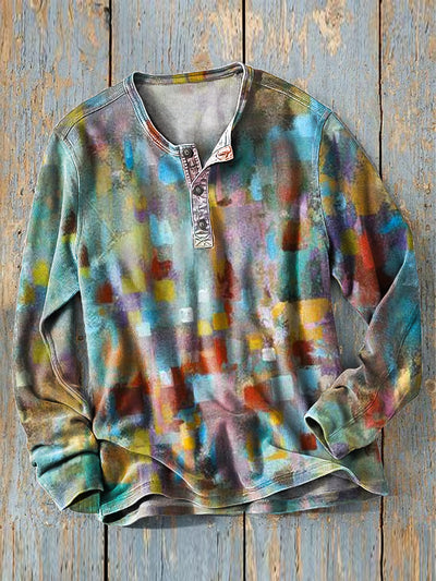 Men's Vintage Color Abstract Art Print Long Sleeve Henley Shirt