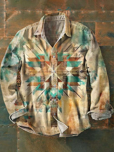 Men's Vintage Ethnic Tribal Print Casual Lapel Long Sleeve Shirt