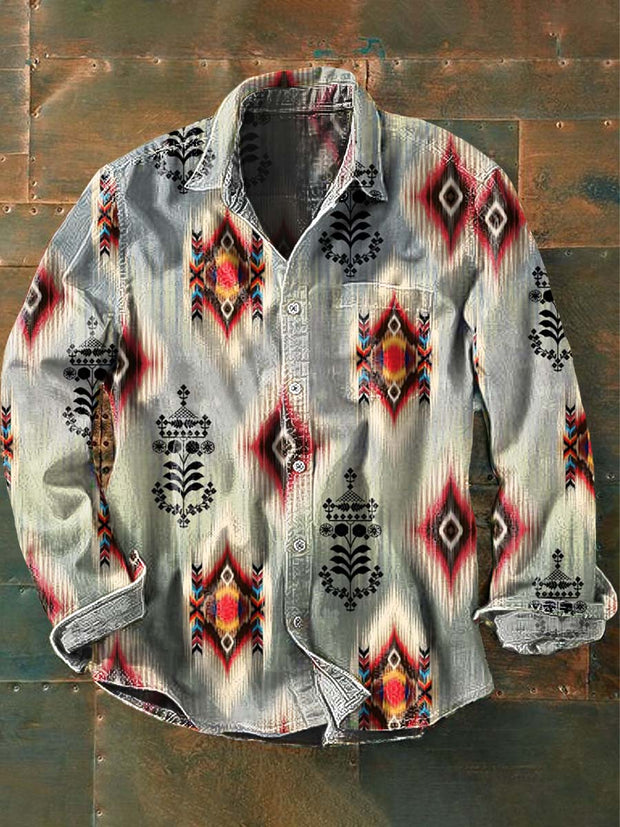 Men's Vintage Western Style Printed Casual Lapel Long Sleeve Shirt