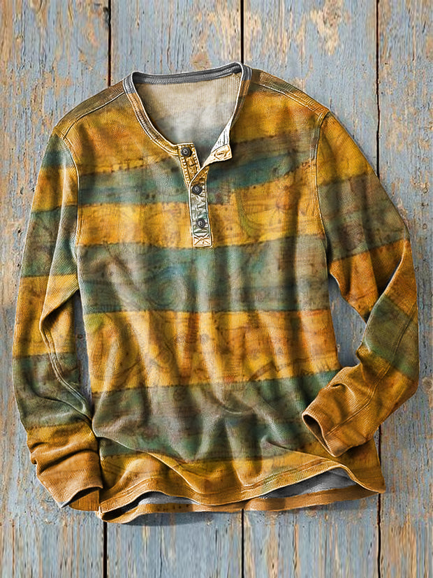 Men's Vintage Irregular Stripe Art Print Long Sleeve Henley Shirt