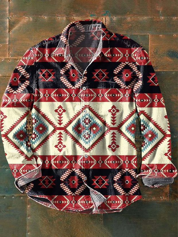 Men's Western Style Printed Casual Lapel Long Sleeve Shirt
