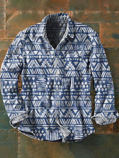 Men's Vintage Western Style Printed Casual Lapel Long Sleeve Shirt