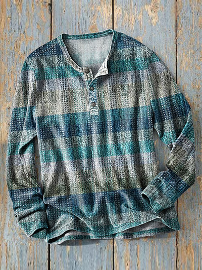 Men's Vintage Striped Art Print Long Sleeve Henley Shirt