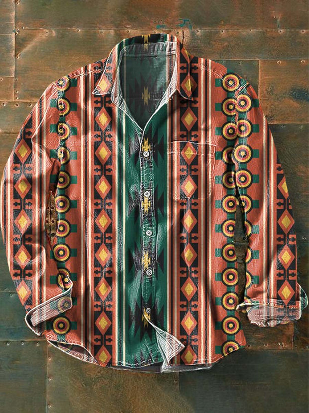 Men's Western Style Printed Casual Lapel Long Sleeve Shirt