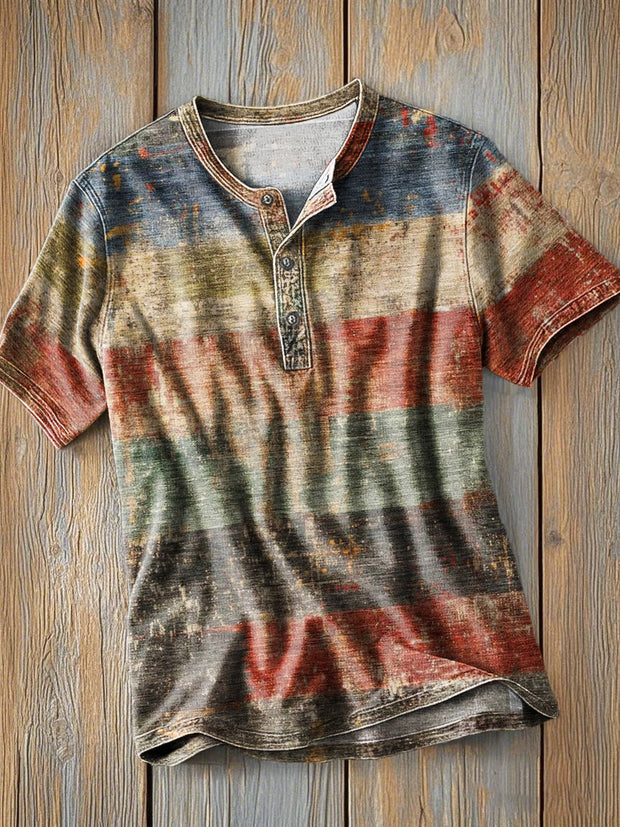 Men's Vintage Aged Stripe Art Print Short Sleeve Henley Shirt