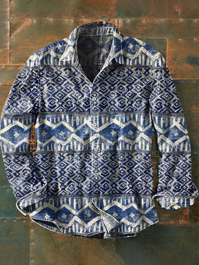 Men's Vintage Western Style Printed Casual Lapel Long Sleeve Shirt