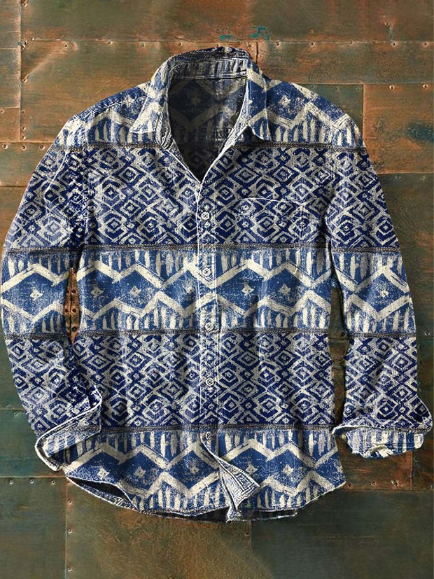 Men's Vintage Western Style Printed Casual Lapel Long Sleeve Shirt