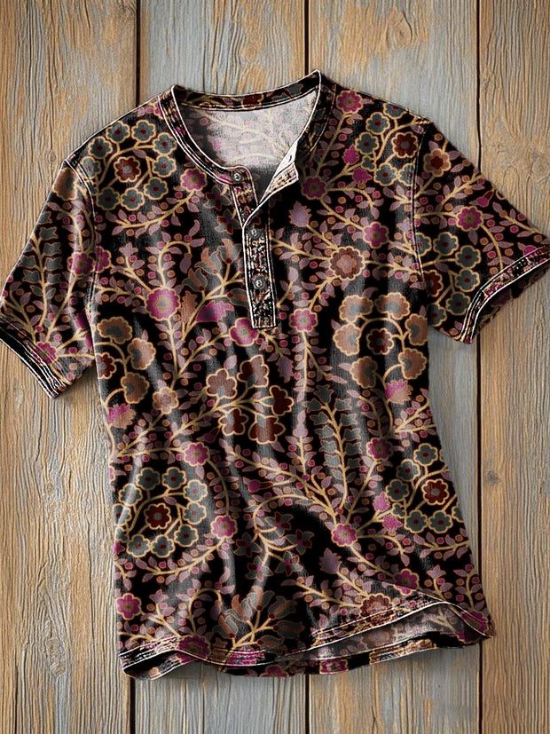 Men's Vintage Botanical Floral Art Print Short Sleeve Henley Shirt