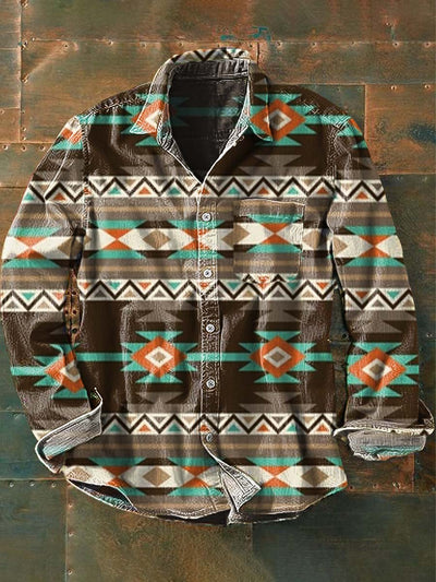 Men's Vintage Western Style Printed Casual Lapel Long Sleeve Shirt