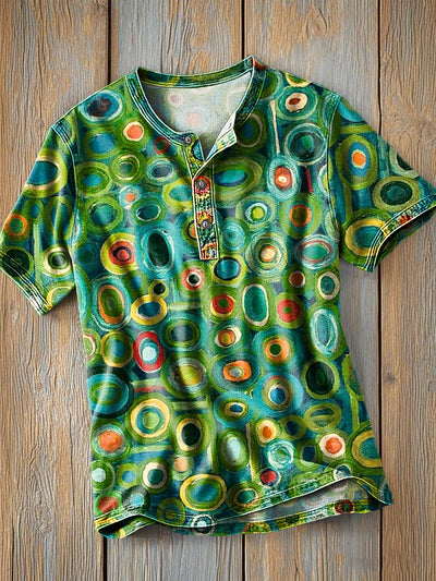 Men's Vintage Circle Color Abstract Art Print Short Sleeve Henley Shirt