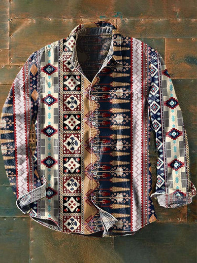 Men's Vintage Western Style Printed Casual Lapel Long Sleeve Shirt