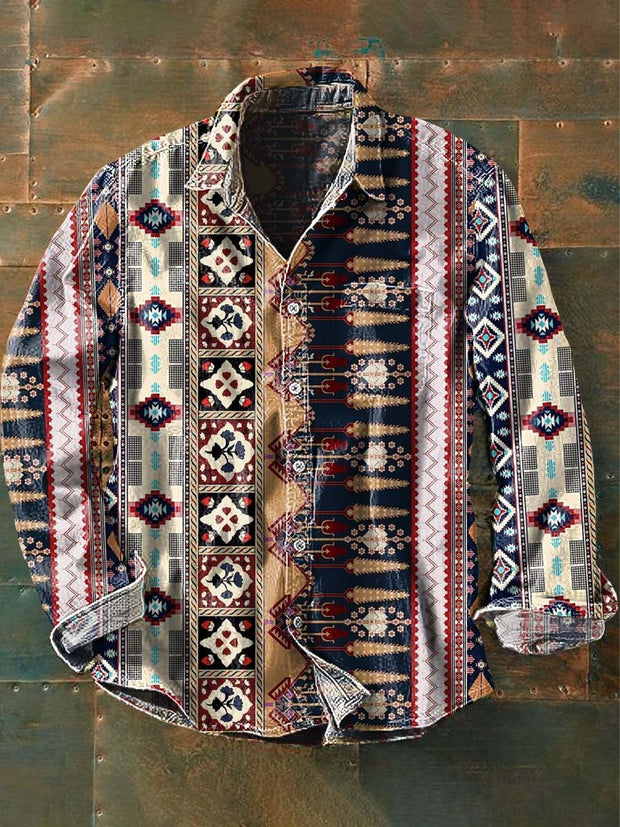 Men's Vintage Western Style Printed Casual Lapel Long Sleeve Shirt