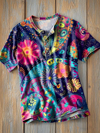 Men's Vintage Color Abstract Art Print Short Sleeve Henley Shirt