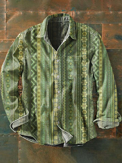 Men's Retro Striped Printed Casual Lapel Long Sleeve Shirt