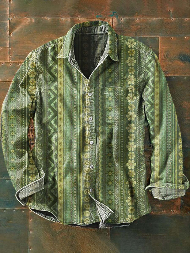 Men's Retro Striped Printed Casual Lapel Long Sleeve Shirt