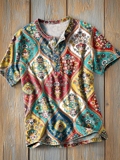 Men's Vintage Ethnic Color Art Print Short Sleeve Henley Shirt