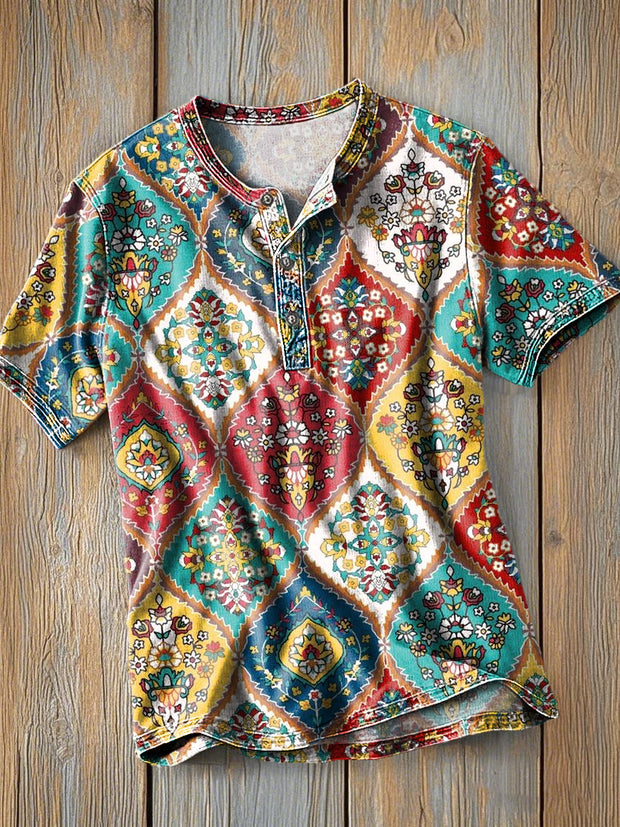 Men's Vintage Ethnic Color Art Print Short Sleeve Henley Shirt