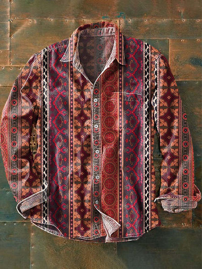 Men's Retro Ethnic Printed Casual Lapel Long Sleeve Shirt