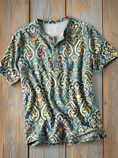 Men's Vintage Ethnic Floral Art Print Short Sleeve Henley Shirt