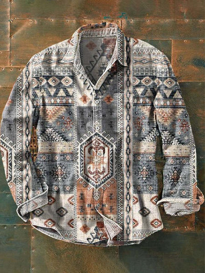 Men's Vintage Ethnic Tribal Print Casual Lapel Long Sleeve Shirt