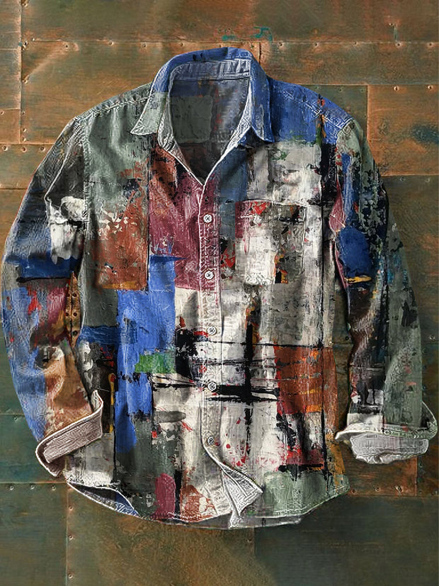 Men's Vintage Abstract Geometric Art Print Long Sleeve Pocket Shirt