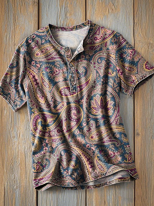 Men's Vintage Ethnic Paisley Art Print Short Sleeve Henley Shirt