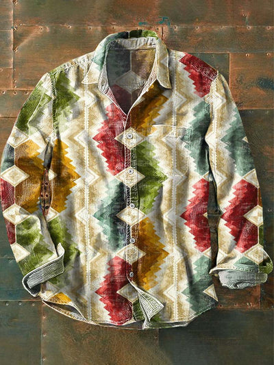 Men's Retro Ethnic Printed Casual Lapel Long Sleeve Shirt