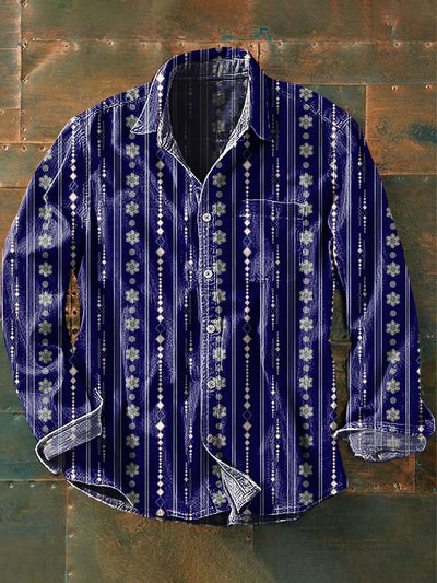 Men's Retro Striped Printed Casual Lapel Long Sleeve Shirt