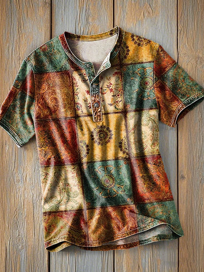 Men's Vintage Ethnic Sub Art Print Short Sleeve Henley Shirt