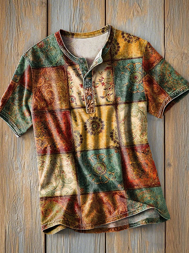 Men's Vintage Ethnic Sub Art Print Short Sleeve Henley Shirt
