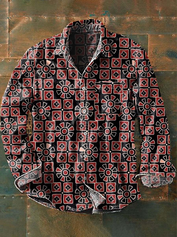 Men's Retro Abstract Print Casual Lapel Long Sleeve Shirt