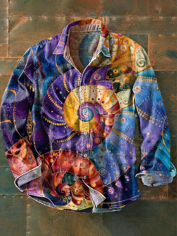 Men's Vintage Colorful Conch Art Print Long Sleeve Pocket Shirt