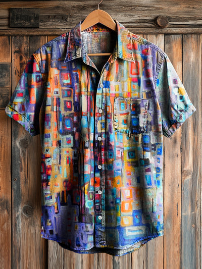 Men's Vintage Abstract Geometric Graffiti Art Print Short Sleeve Pocket Shirt