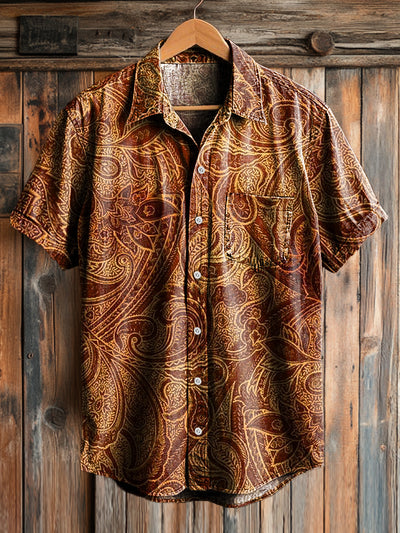 Men's Vintage Abstract Line Floral Art Print Short Sleeve Pocket Shirt