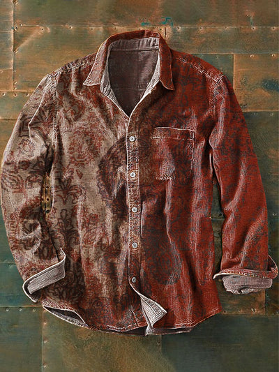 Men's Vintage Abstract Floral Art Print Long Sleeve Pocket Shirt