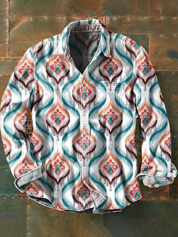 Men's Western Style Printed Casual Lapel Long Sleeve Shirt