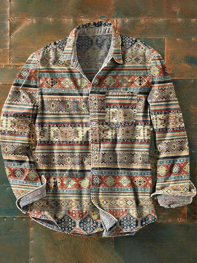 Men's Vintage Ethnic Striped Art Print Long Sleeve Pocket Shirt