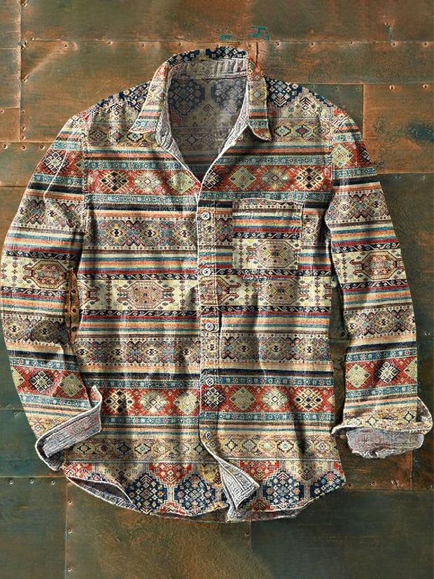 Men's Vintage Ethnic Striped Art Print Long Sleeve Pocket Shirt