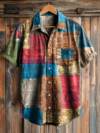 Men's Vintage Color Block Art Print Short Sleeve Pocket Shirt