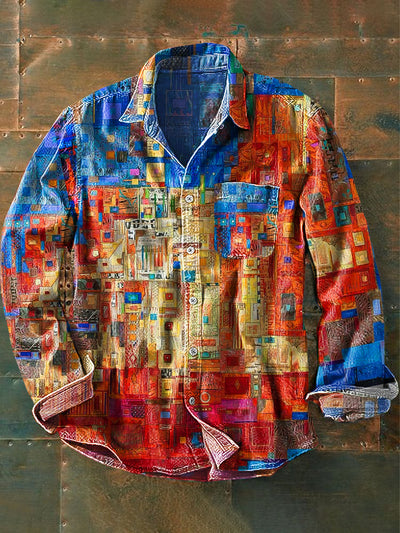 Men's Vintage Abstract Irregular Geometric Art Print Long Sleeve Pocket Shirt